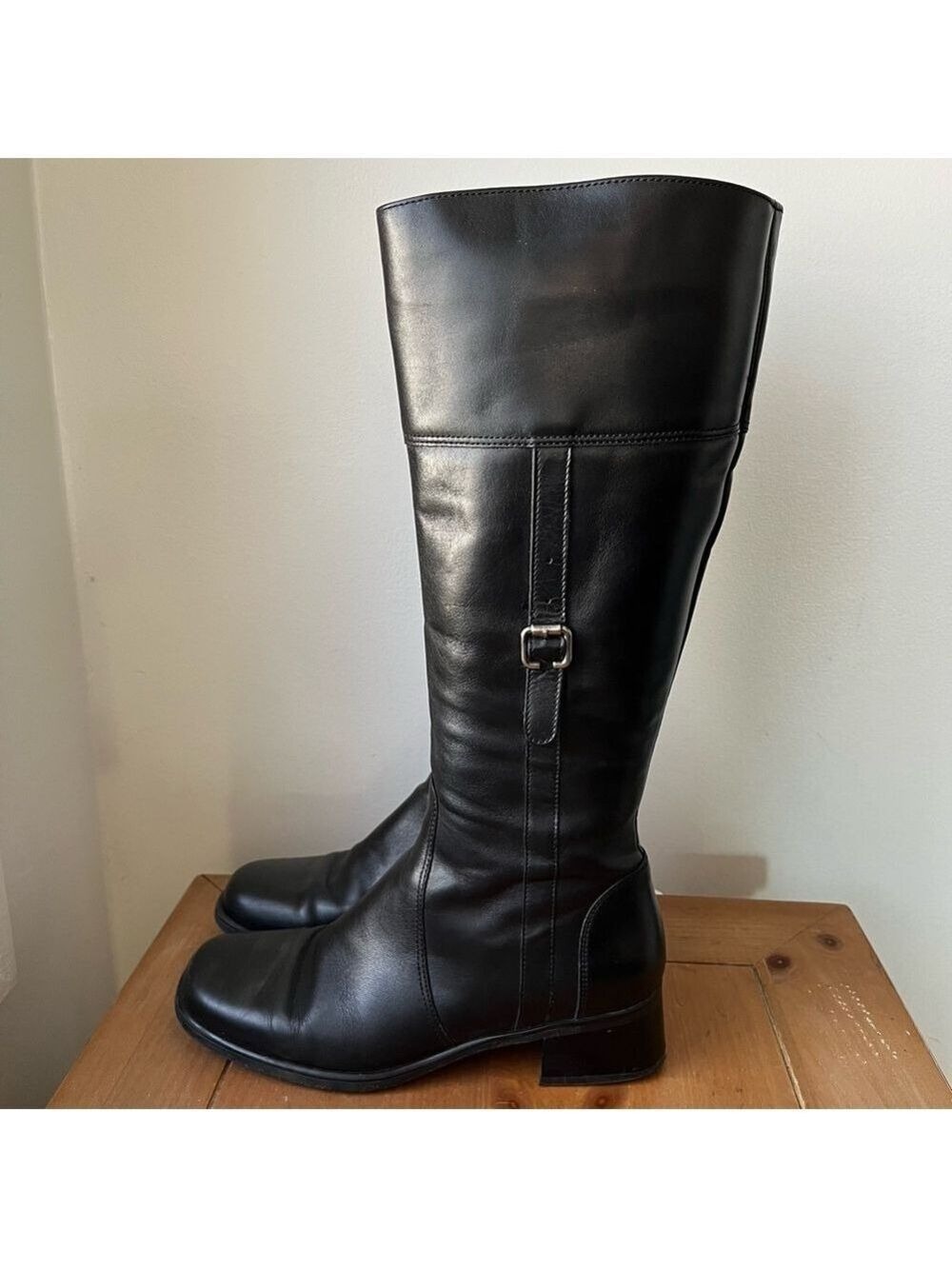 La Canadienne Women’s Tall Black Leather Riding Boot Block Heel Side Zipper 10
